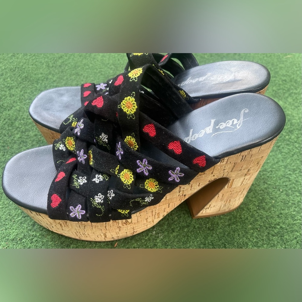 Free People Lisbon Platform Mules Sandal Embroidery Black Multi Cork 39/9.